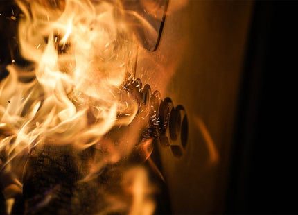 Detail van vlammen van Charlton & Jenrick Purevision LPV5 Wall houtkachel
