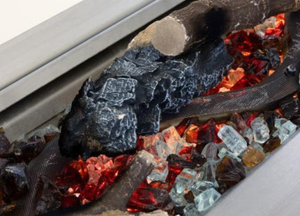 Detail van Trimline Outdoor burner tray met basaltstenen en open gasvlam
